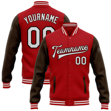 Custom Red White-Brown Bomber Full-Snap Varsity Letterman Two Tone Jacket