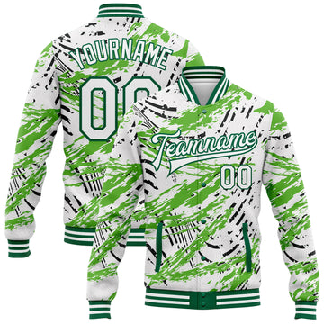 Custom Graffiti Pattern White-Kelly Green Grunge Art 3D Bomber Full-Snap Varsity Letterman Jacket