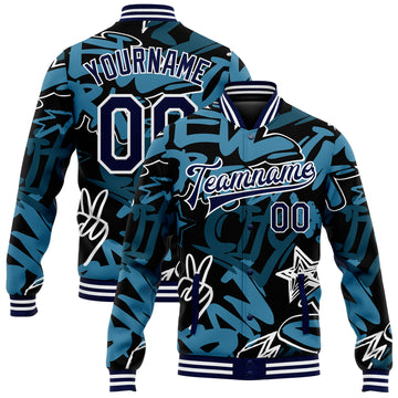 Custom Graffiti Pattern Navy-White Grunge Urban Street Art 3D Bomber Full-Snap Varsity Letterman Jacket