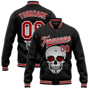 Custom Black Red-White Skull With Roses 3D Bomber Full-Snap Varsity Letterman Jacket