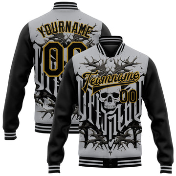 Custom Gray Black-Old Gold Skull With Thorns 3D Bomber Full-Snap Varsity Letterman Two Tone Jacket