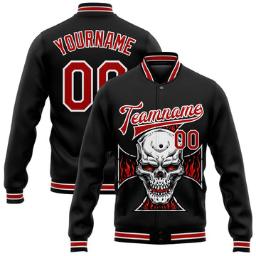 Custom Black Red-White Skull With Cross Logo 3D Bomber Full-Snap Varsity Letterman Jacket