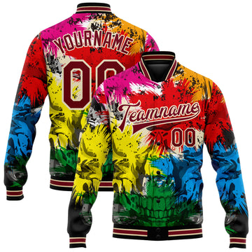 Custom Black Crimson-City Cream Skull Fashion 3D Bomber Full-Snap Varsity Letterman Jacket