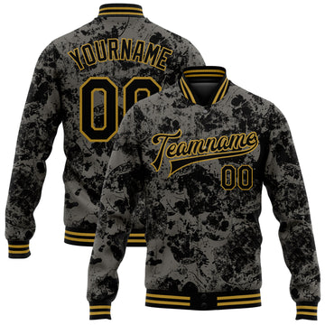 Custom Black Old Gold Skull Fashion 3D Bomber Full-Snap Varsity Letterman Jacket