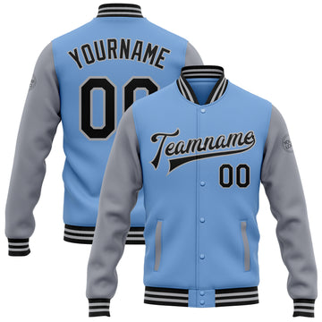 Custom Light Blue Black-Gray Bomber Full-Snap Varsity Letterman Two Tone Jacket