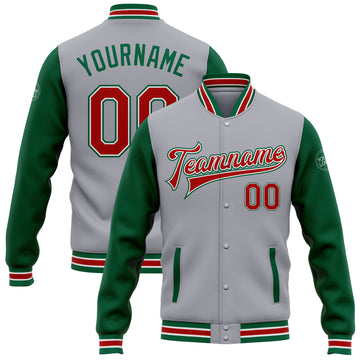 Custom Gray Red-Kelly Green Bomber Full-Snap Varsity Letterman Two Tone Jacket