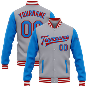 Custom Gray Electric Blue-Red Bomber Full-Snap Varsity Letterman Two Tone Jacket