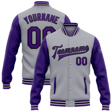 Custom Gray Purple-Black Bomber Full-Snap Varsity Letterman Two Tone Jacket