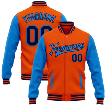 Custom Orange Navy-Electric Blue Bomber Full-Snap Varsity Letterman Two Tone Jacket