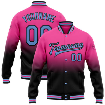 Custom Pink Light Blue-Black Bomber Full-Snap Varsity Letterman Fade Fashion Jacket