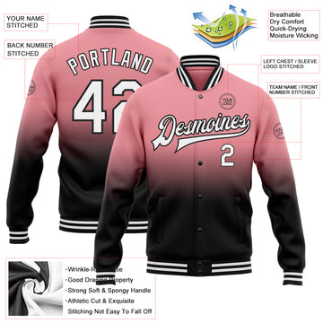 Custom Medium Pink White-Black Bomber Full-Snap Varsity Letterman Fade Fashion Jacket