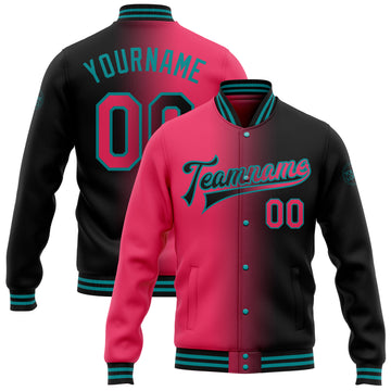 Custom Black Neon Pink-Teal Bomber Full-Snap Varsity Letterman Gradient Fashion Jacket