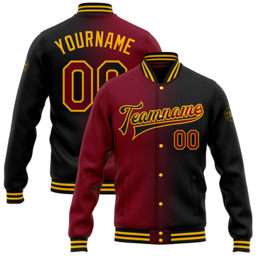 Custom Black Crimson-Gold Bomber Full-Snap Varsity Letterman Gradient Fashion Jacket