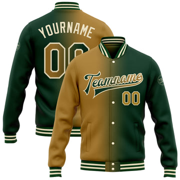 Custom Green Old Gold-Cream Bomber Full-Snap Varsity Letterman Gradient Fashion Jacket