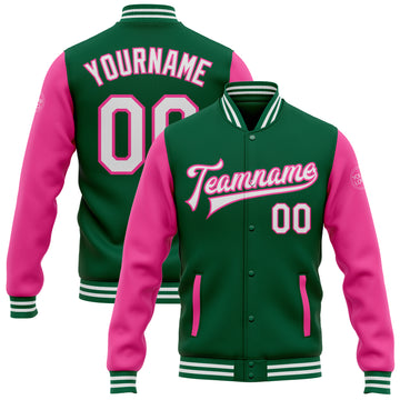 Custom Kelly Green White-Pink Bomber Full-Snap Varsity Letterman Two Tone Jacket