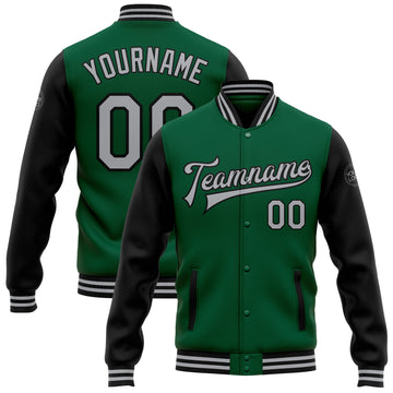 Custom Kelly Green Gray-Black Bomber Full-Snap Varsity Letterman Two Tone Jacket