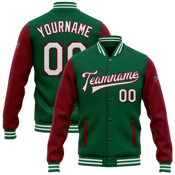 Custom Kelly Green White-Crimson Bomber Full-Snap Varsity Letterman Two Tone Jacket