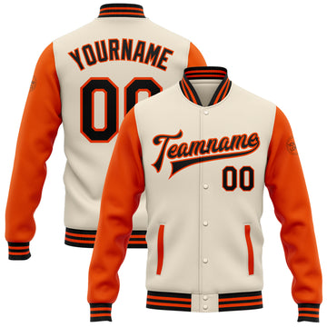 Custom Cream Black-Orange Bomber Full-Snap Varsity Letterman Two Tone Jacket