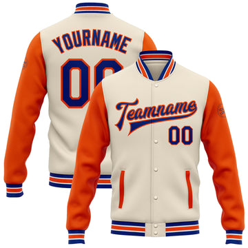 Custom Cream Royal-Orange Bomber Full-Snap Varsity Letterman Two Tone Jacket