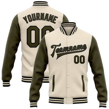 Custom Cream Olive-Black Bomber Full-Snap Varsity Letterman Two Tone Jacket