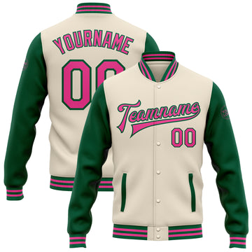 Custom Cream Pink-Kelly Green Bomber Full-Snap Varsity Letterman Two Tone Jacket