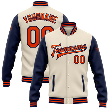 Custom Cream Orange-Navy Bomber Full-Snap Varsity Letterman Two Tone Jacket