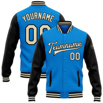 Custom Electric Blue Cream-Black Bomber Full-Snap Varsity Letterman Two Tone Jacket