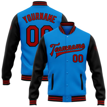 Custom Electric Blue Red-Black Bomber Full-Snap Varsity Letterman Two Tone Jacket