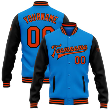 Custom Electric Blue Orange-Black Bomber Full-Snap Varsity Letterman Two Tone Jacket