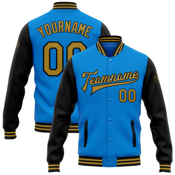 Custom Electric Blue Old Gold-Black Bomber Full-Snap Varsity Letterman Two Tone Jacket