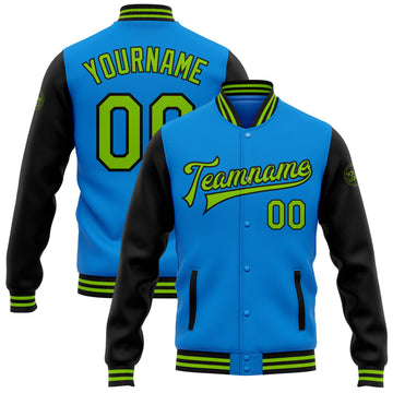 Custom Electric Blue Neon Green-Black Bomber Full-Snap Varsity Letterman Two Tone Jacket