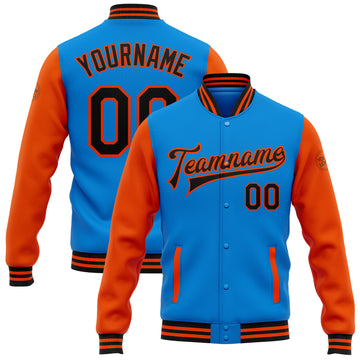 Custom Electric Blue Black-Orange Bomber Full-Snap Varsity Letterman Two Tone Jacket