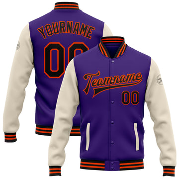 Custom Purple Black Cream-Orange Bomber Full-Snap Varsity Letterman Two Tone Jacket