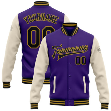 Custom Purple Black Cream-Old Gold Bomber Full-Snap Varsity Letterman Two Tone Jacket