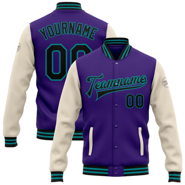 Custom Purple Black Cream-Teal Bomber Full-Snap Varsity Letterman Two Tone Jacket