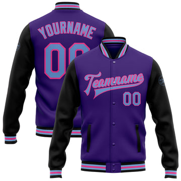 Custom Purple Light Blue Black-Pink Bomber Full-Snap Varsity Letterman Two Tone Jacket