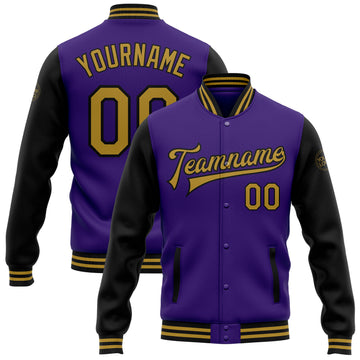 Custom Purple Old Gold-Black Bomber Full-Snap Varsity Letterman Two Tone Jacket