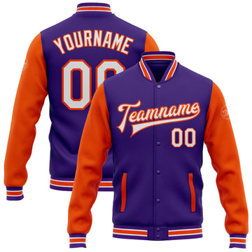 Custom Purple White-Orange Bomber Full-Snap Varsity Letterman Two Tone Jacket