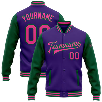 Custom Purple Pink-Kelly Green Bomber Full-Snap Varsity Letterman Two Tone Jacket
