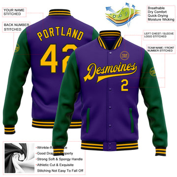 Custom Purple Gold-Kelly Green Bomber Full-Snap Varsity Letterman Two Tone Jacket