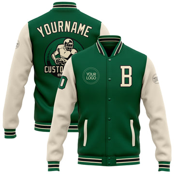 Custom Kelly Green Cream-Black Bomber Full-Snap Varsity Letterman Two Tone Jacket