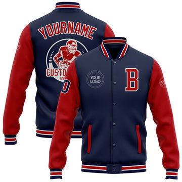 Custom Navy Red-White Bomber Full-Snap Varsity Letterman Two Tone Jacket