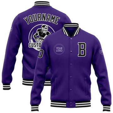 Custom Purple Black-White Bomber Full-Snap Varsity Letterman Jacket