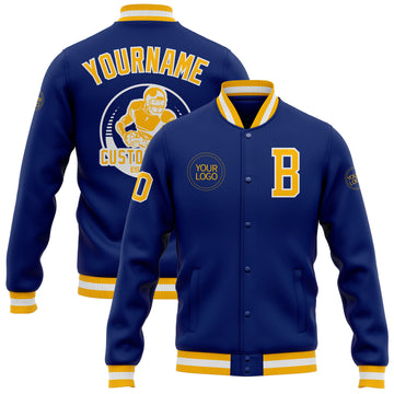 Custom Royal Gold-White Bomber Full-Snap Varsity Letterman Jacket