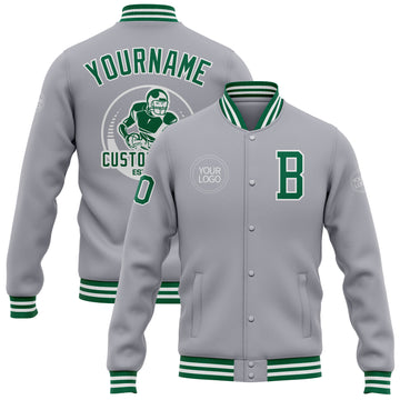 Custom Gray Kelly Green-White Bomber Full-Snap Varsity Letterman Jacket