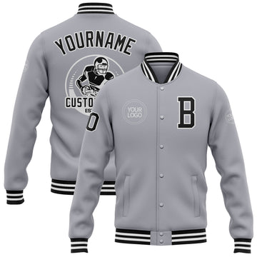 Custom Gray Black-White Bomber Full-Snap Varsity Letterman Jacket