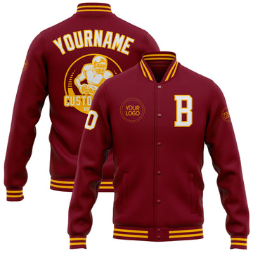 Custom Crimson White-Gold Bomber Full-Snap Varsity Letterman Jacket