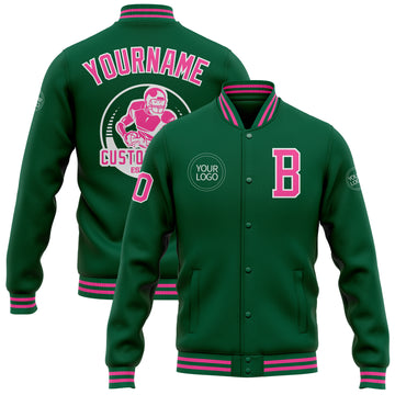 Custom Kelly Green Pink-White Bomber Full-Snap Varsity Letterman Jacket
