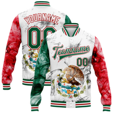 Custom White Kelly Green-Red Mexico 3D Bomber Full-Snap Varsity Letterman Jacket