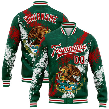 Custom Kelly Green Red-White Mexico 3D Bomber Full-Snap Varsity Letterman Jacket